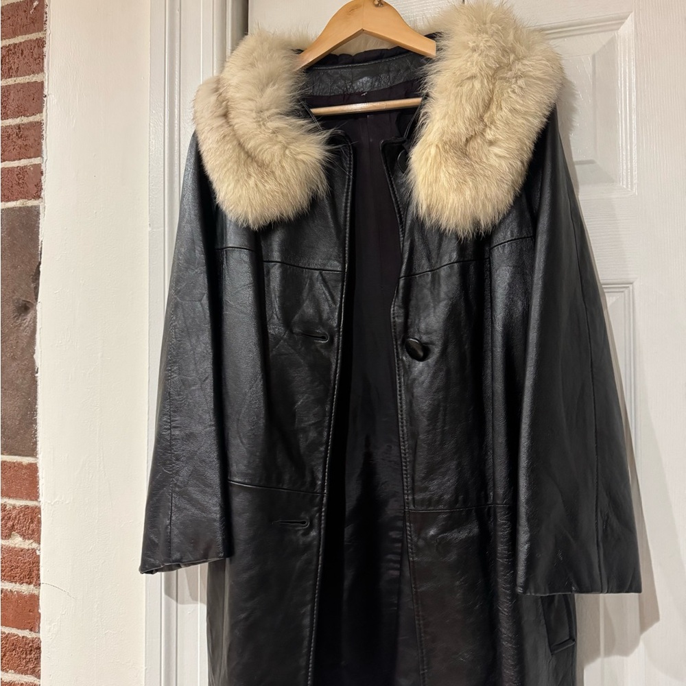 Women's Black Leather Coat with Fur Collar